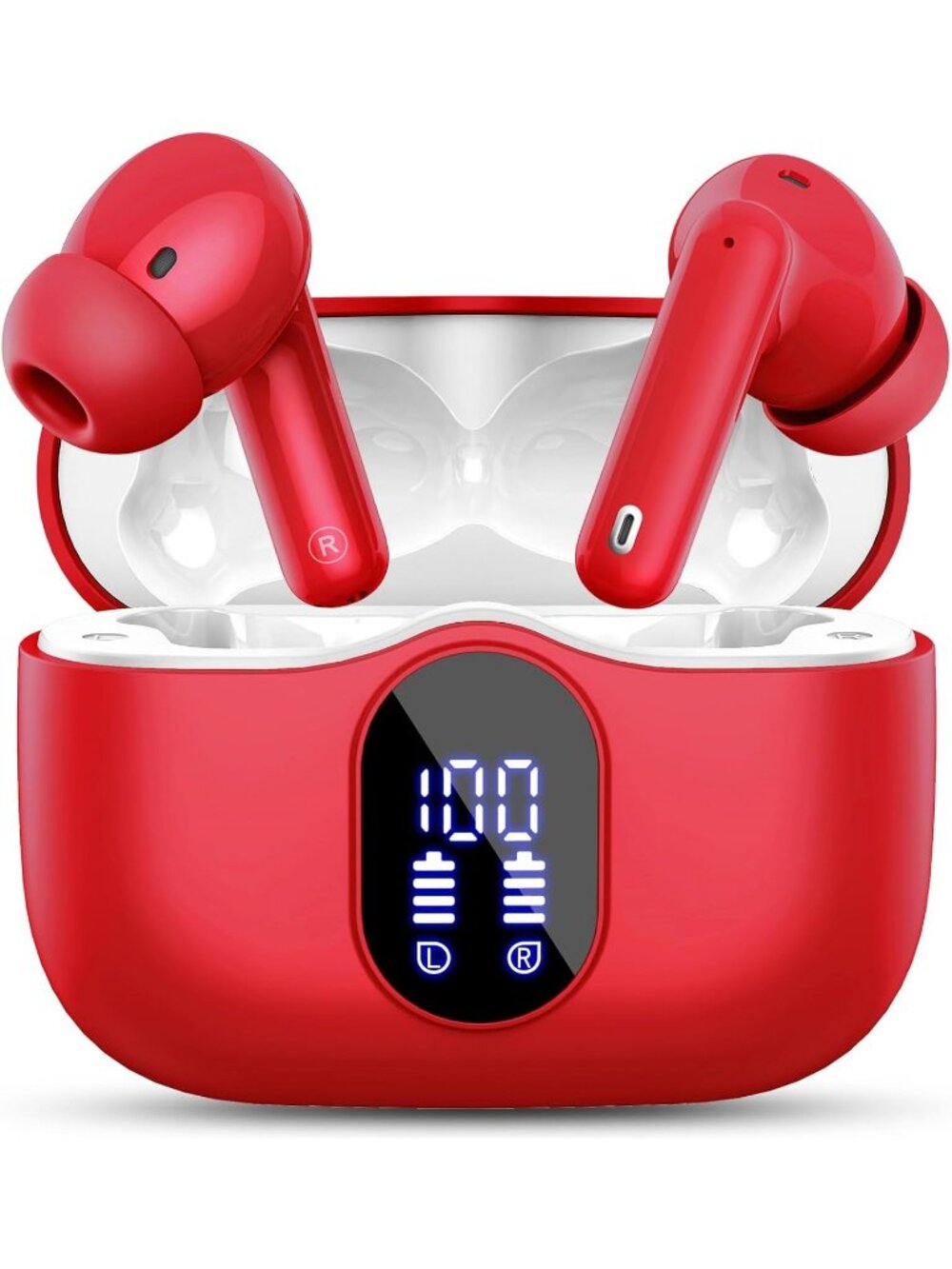 Wireless Red Bass Stereo Noise Cancelling Mic LED Display Bluetooth 5.4 Earbud